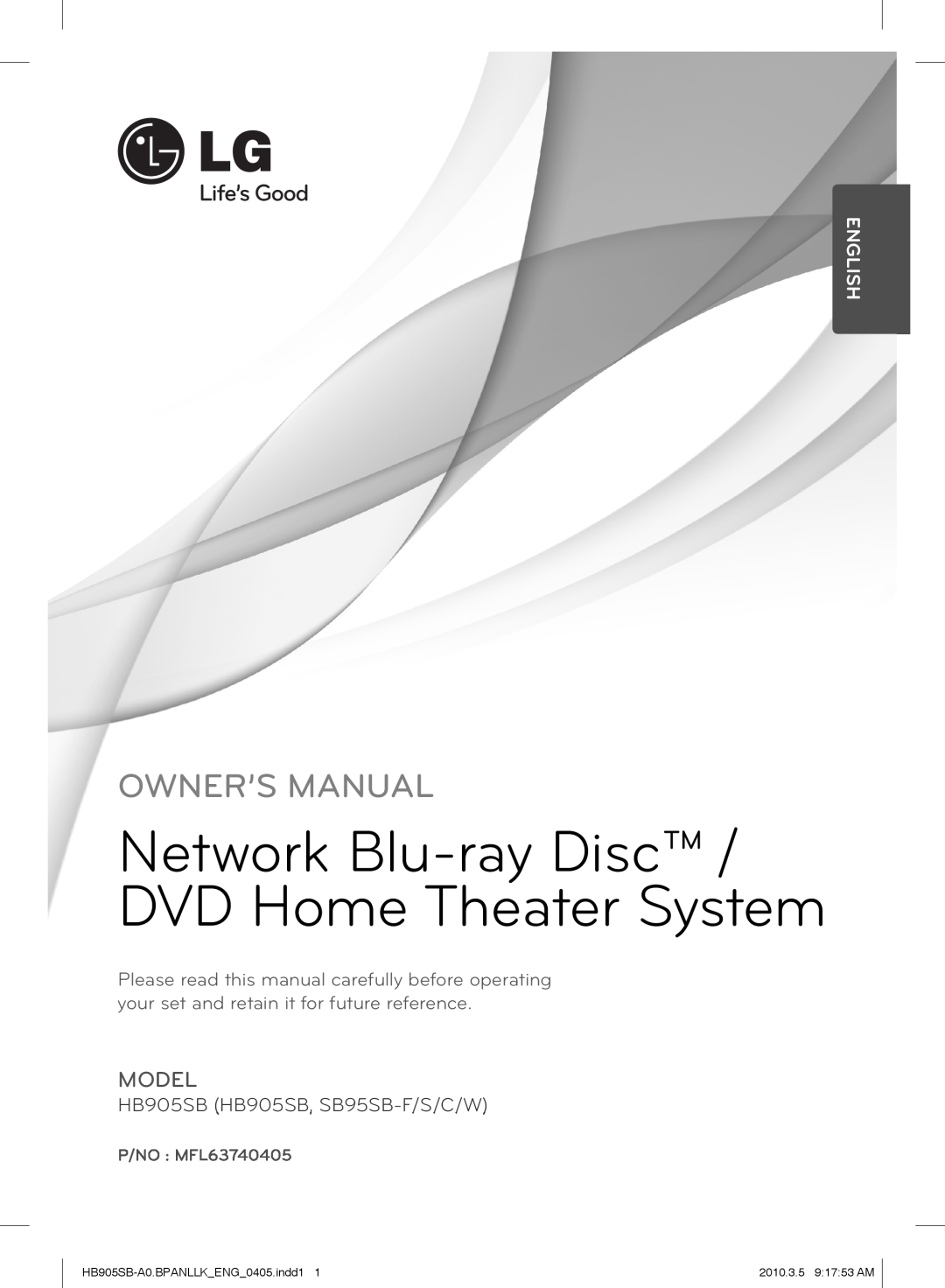LG Electronics HB905SB owner manual Network Blu-rayDisc / DVD Home Theater System, Model, English, P/NO MFL63740405 