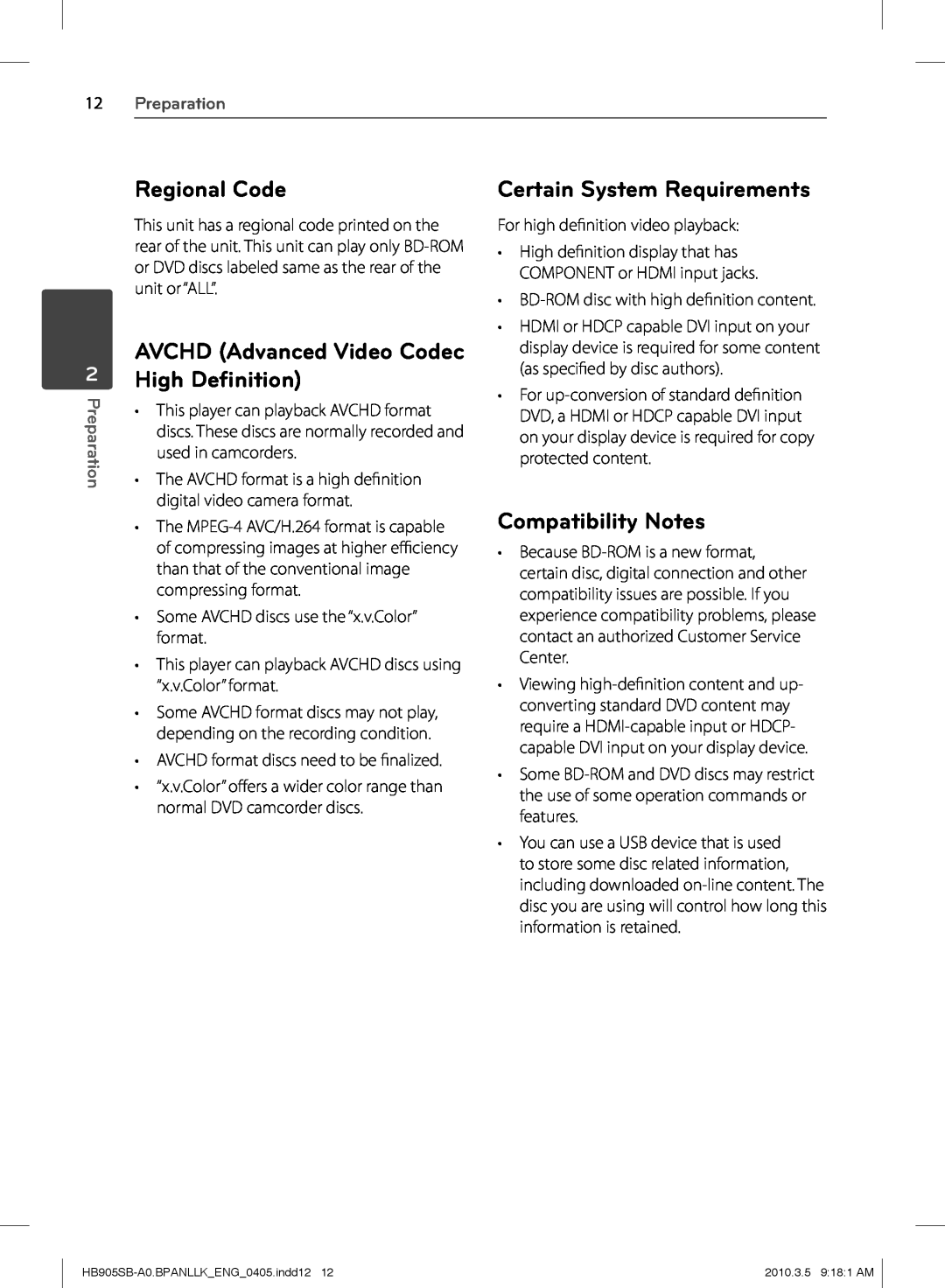 LG Electronics HB905SB Regional Code, High Deﬁnition, Compatibility Notes, AVCHD Advanced Video Codec, 12Preparation 