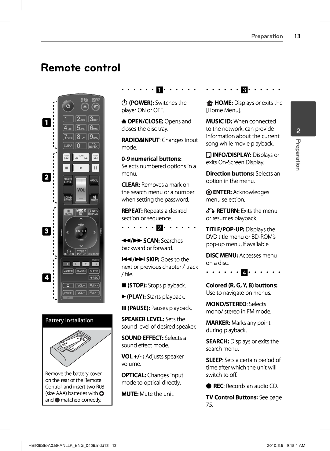 LG Electronics HB905SB owner manual Remote control, Battery Installation, 1POWER Switches the player ON or OFF, Preparation 