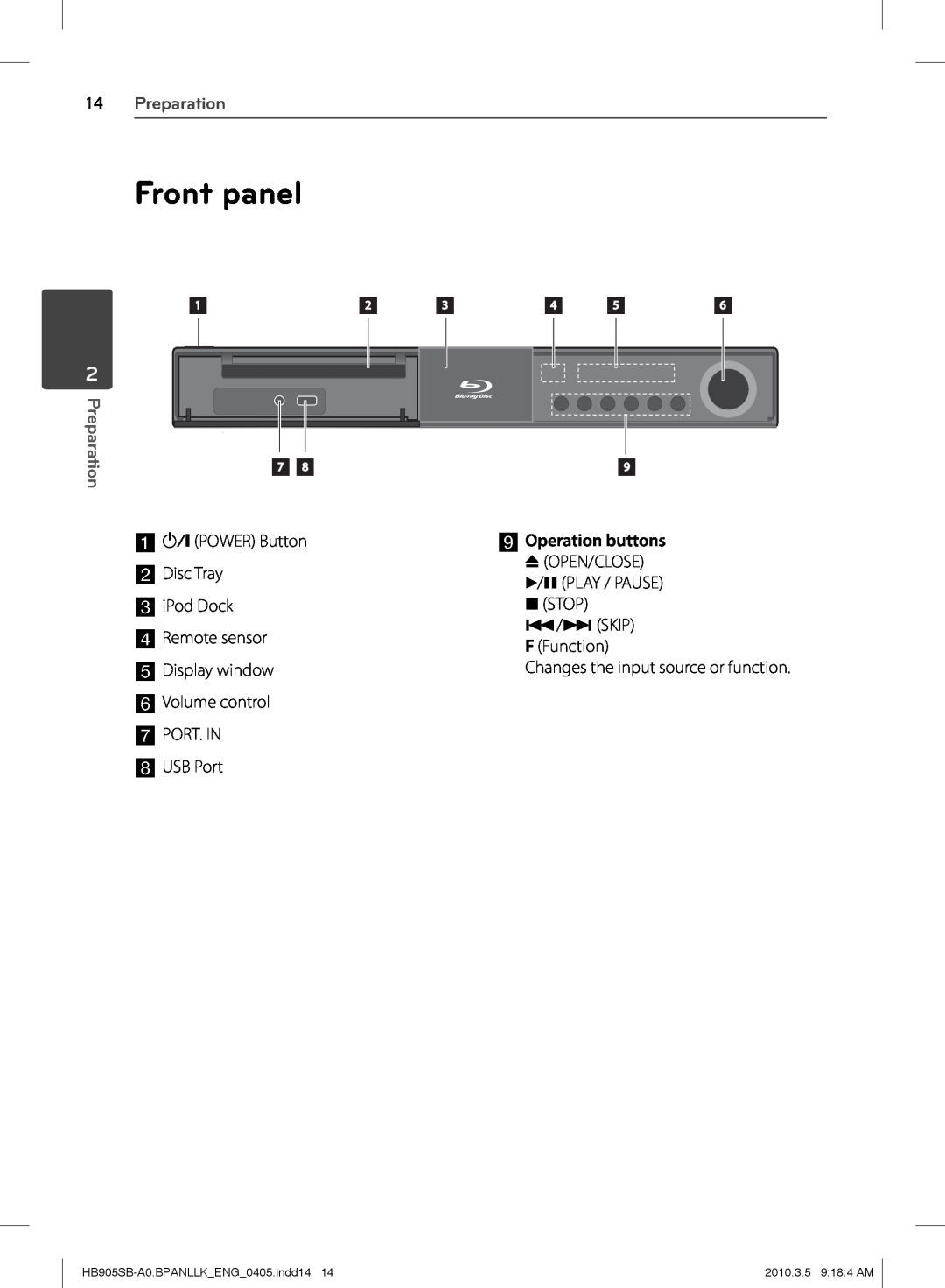 LG Electronics Front panel, 14Preparation, iOperation buttons, HB905SB-A0.BPANLLK ENG 0405.indd1414, 2010.3.5 9 18 4 AM 
