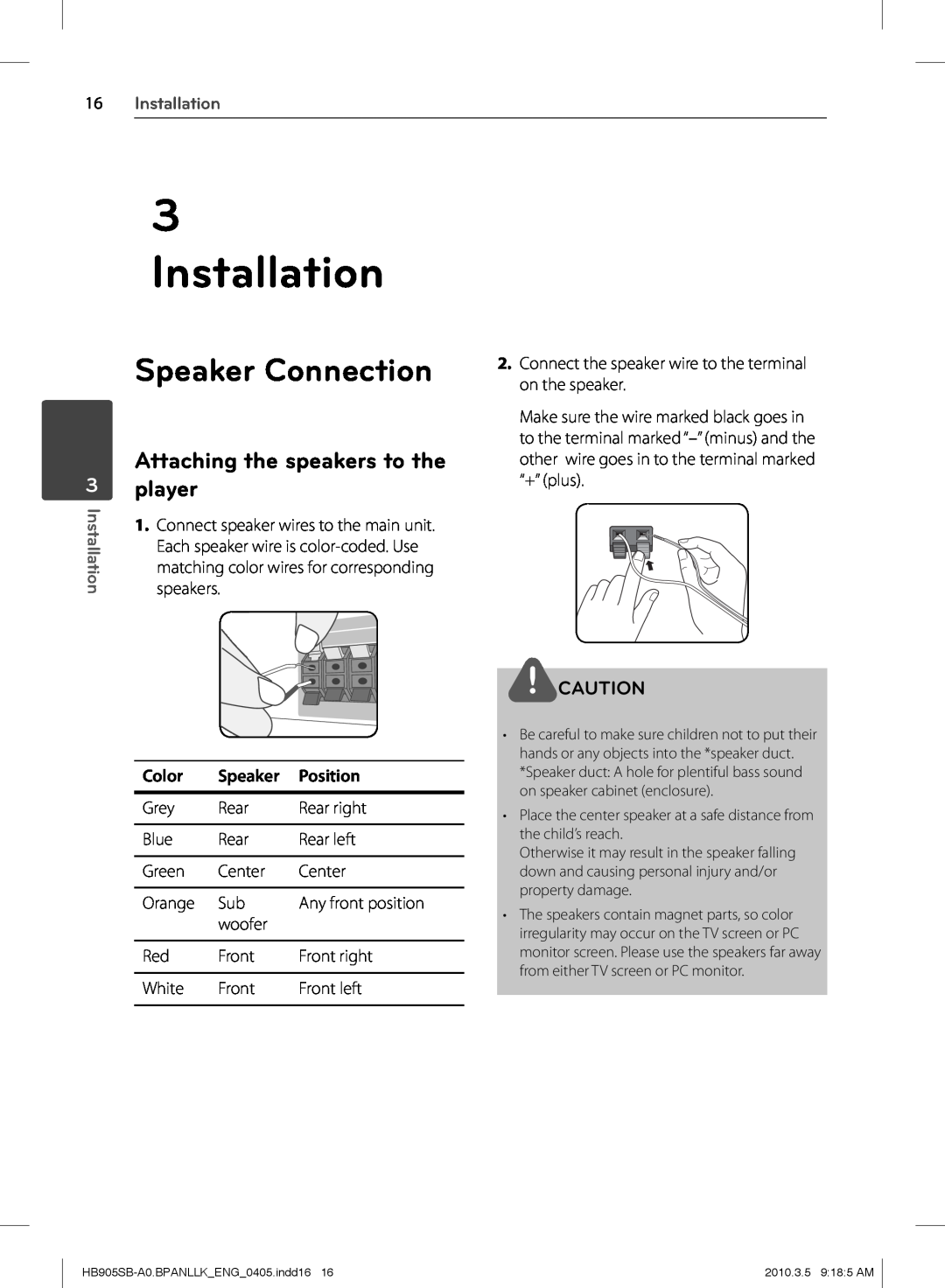 LG Electronics HB905SB Speaker Connection, player, Attaching the speakers to the, 16Installation, Color, Position 