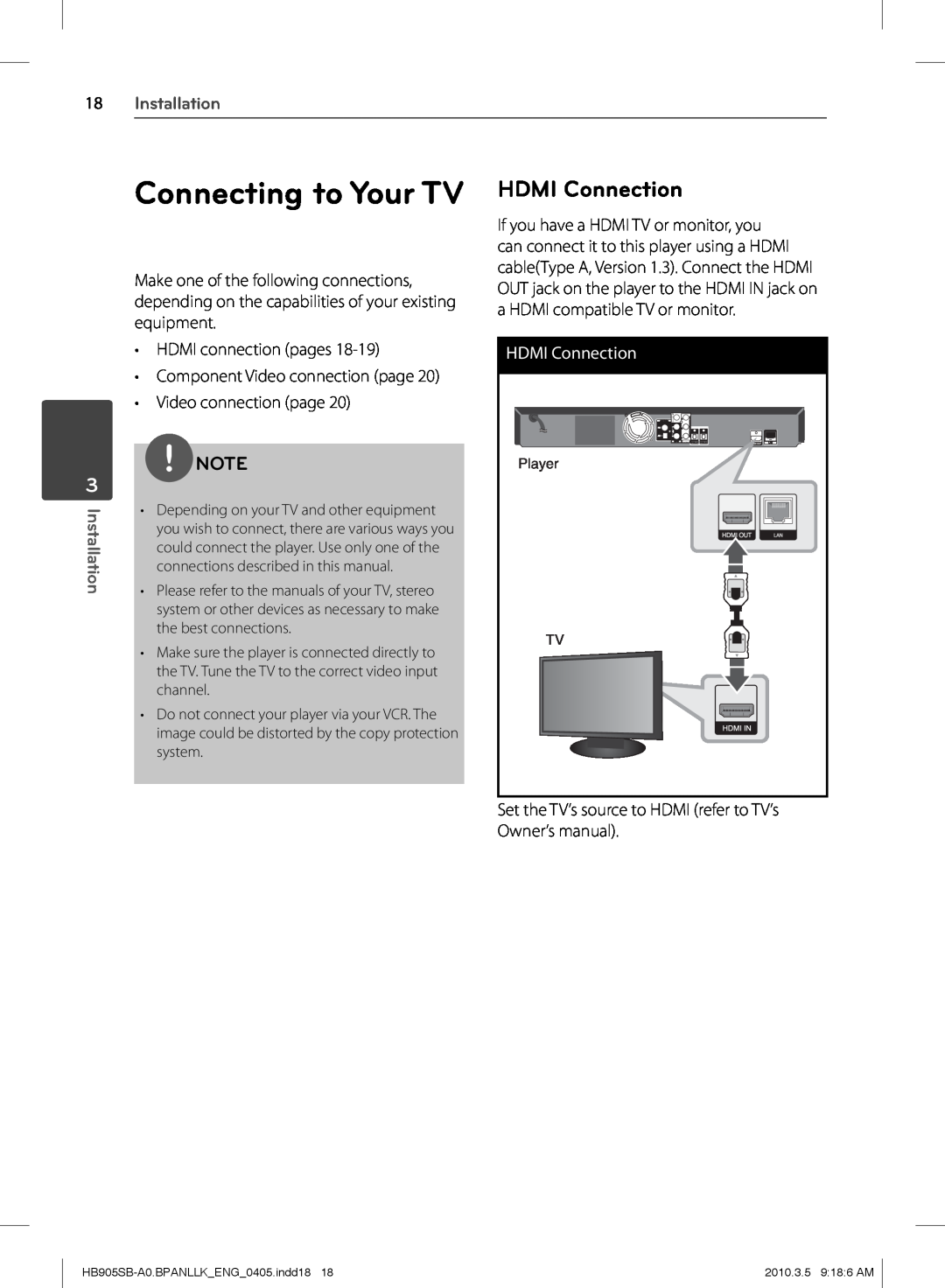 LG Electronics HB905SB owner manual Connecting to Your TV, HDMI Connection, Installation 