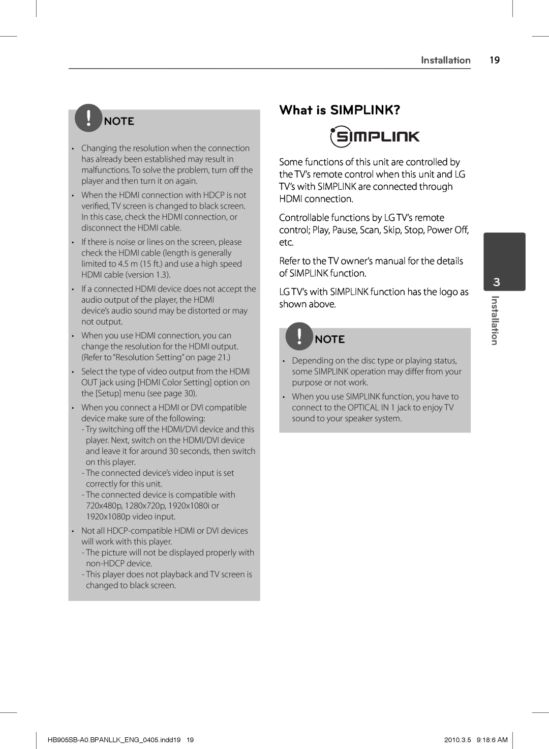 LG Electronics owner manual What is SIMPLINK?, Installation, HB905SB-A0.BPANLLK ENG 0405.indd1919, 2010.3.5 9 18 6 AM 