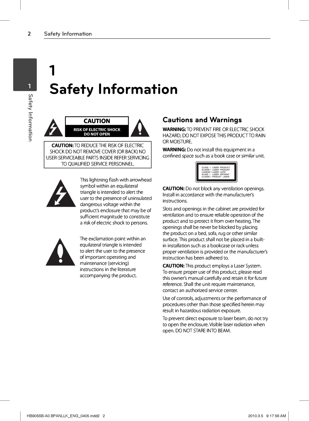 LG Electronics HB905SB owner manual Cautions and Warnings, 2Safety Information 