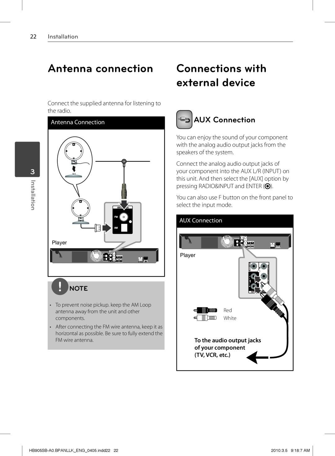 LG Electronics HB905SB owner manual Antenna connection, external device, Connections with, AUX Connection, 22Installation 