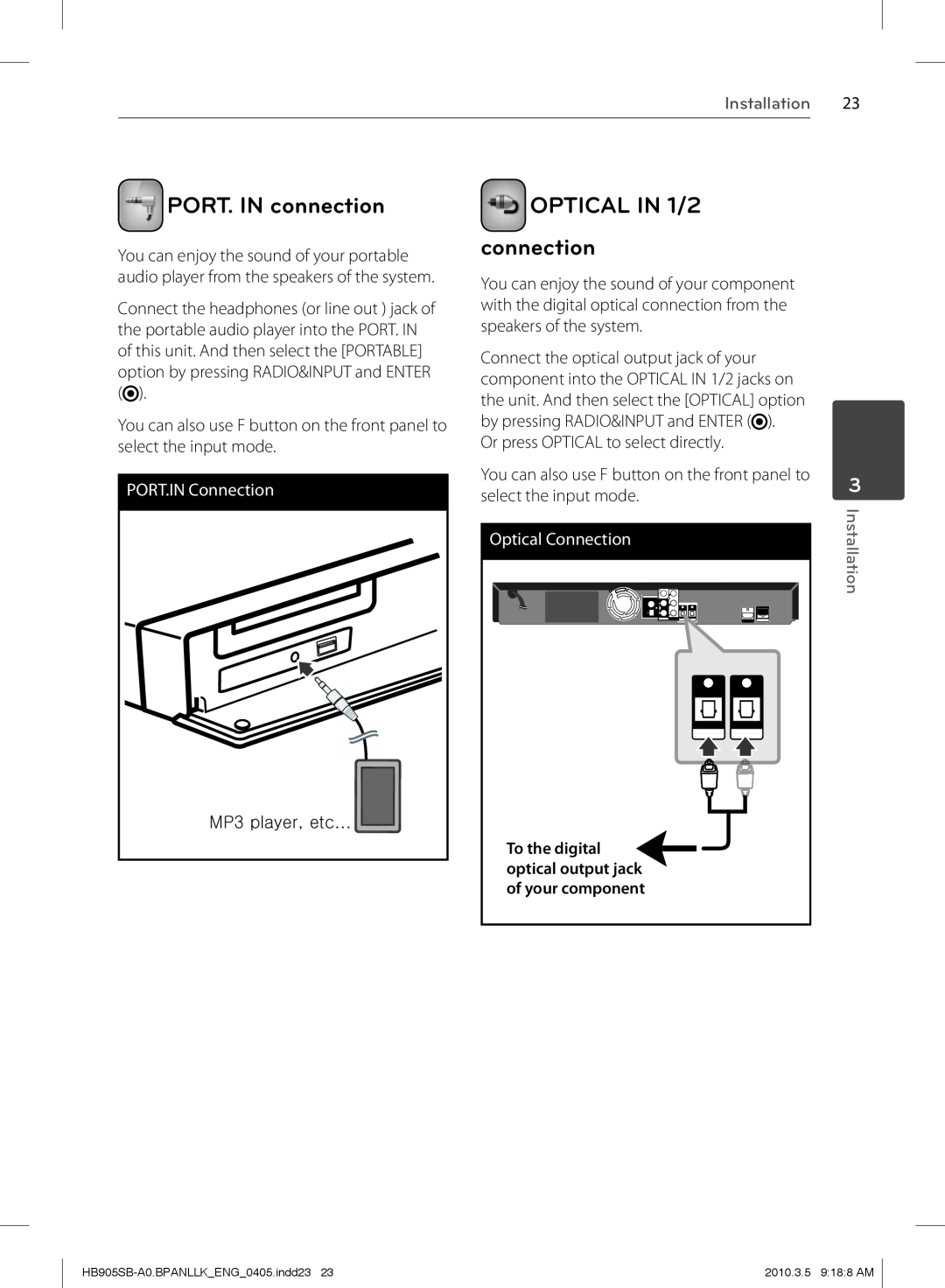 LG Electronics HB905SB owner manual PORT. IN connection, OPTICAL IN 1/2 connection, PORT.IN Connection, twZG—“ˆ Œ™SGŒ›ŠUUU 