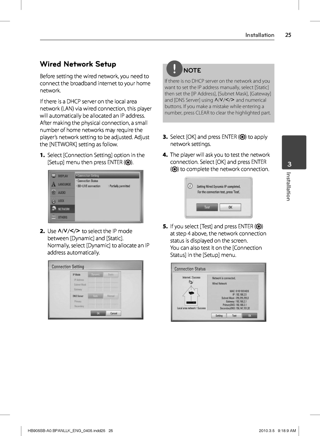LG Electronics owner manual Wired Network Setup, Installation, HB905SB-A0.BPANLLK ENG 0405.indd2525, 2010.3.5 9 18 9 AM 