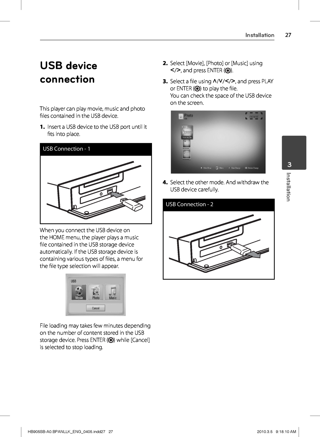 LG Electronics HB905SB owner manual USB device, connection, USB Connection, Installation 