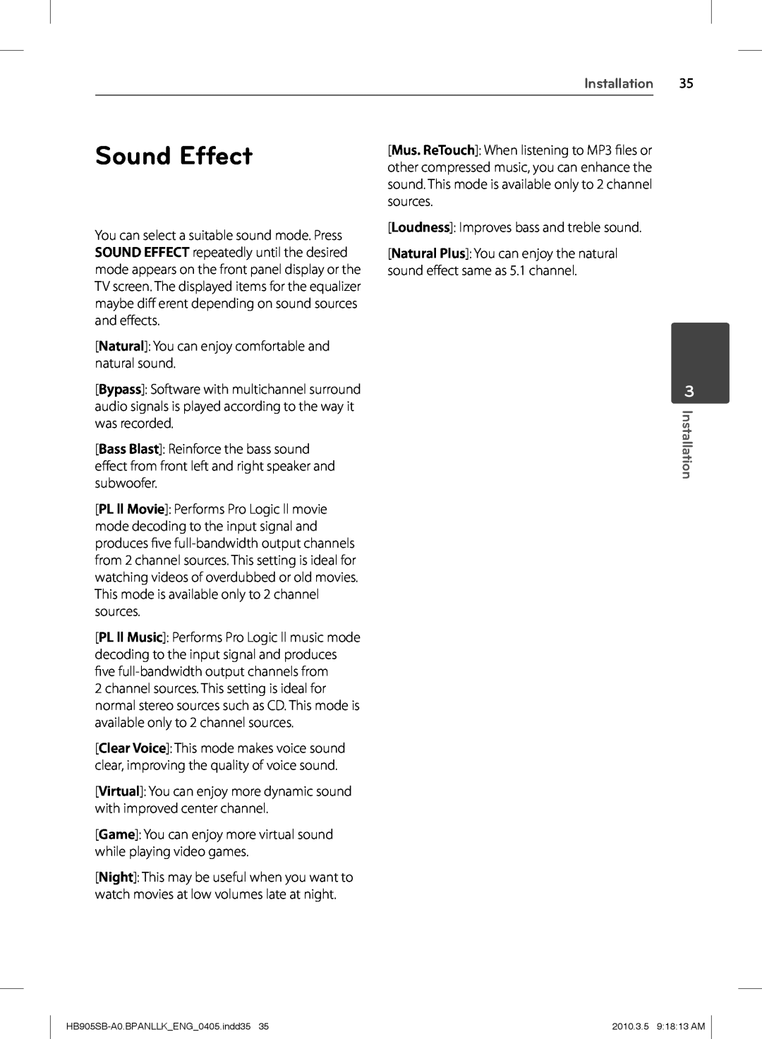 LG Electronics HB905SB owner manual Sound Effect, Installation 