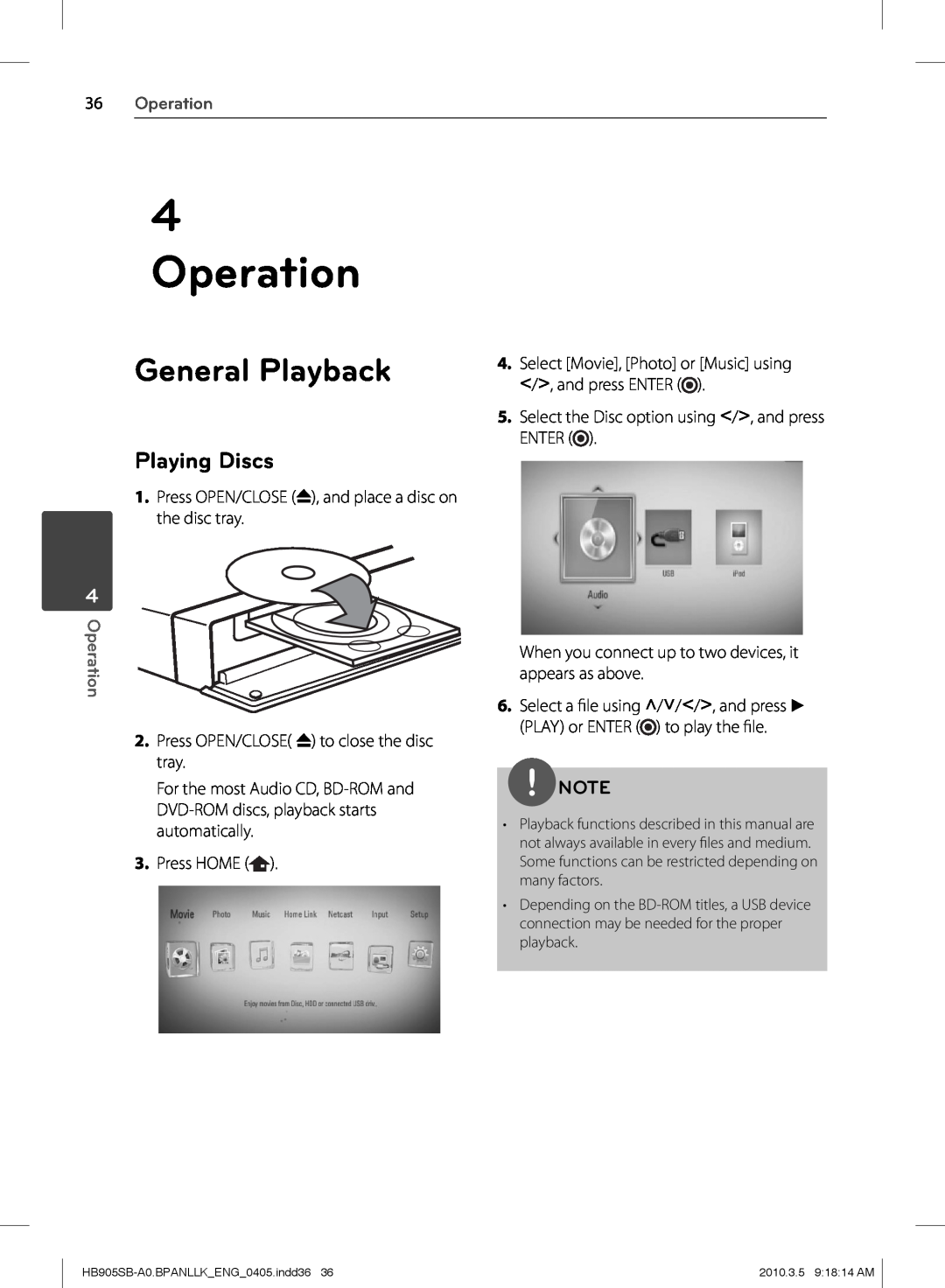 LG Electronics HB905SB owner manual General Playback, Playing Discs, 36Operation 
