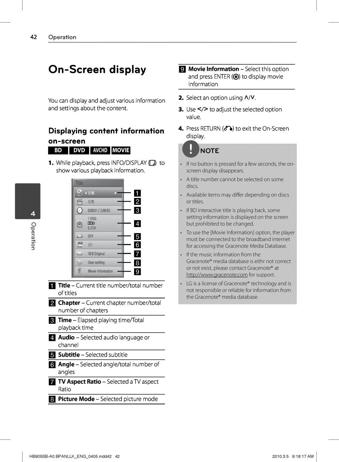 LG Electronics HB905SB On-Screendisplay, Displaying content information on-screen, Operation, Bd Dvd Avchd Movie 