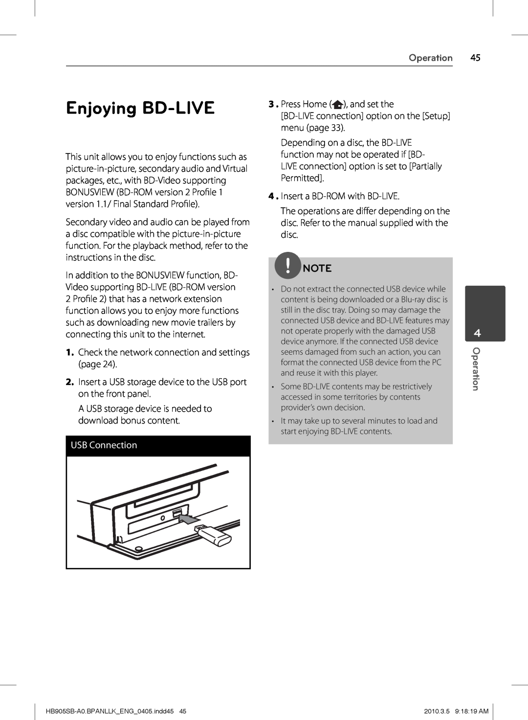 LG Electronics HB905SB Enjoying BD-LIVE, Operation, Check the network connection and settings page, USB Connection 
