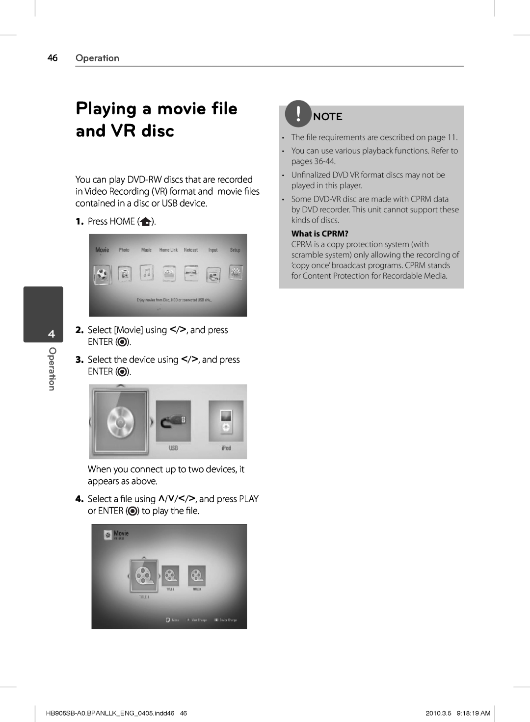 LG Electronics HB905SB owner manual Playing a movie ﬁle, and VR disc, 46Operation, What is CPRM? 