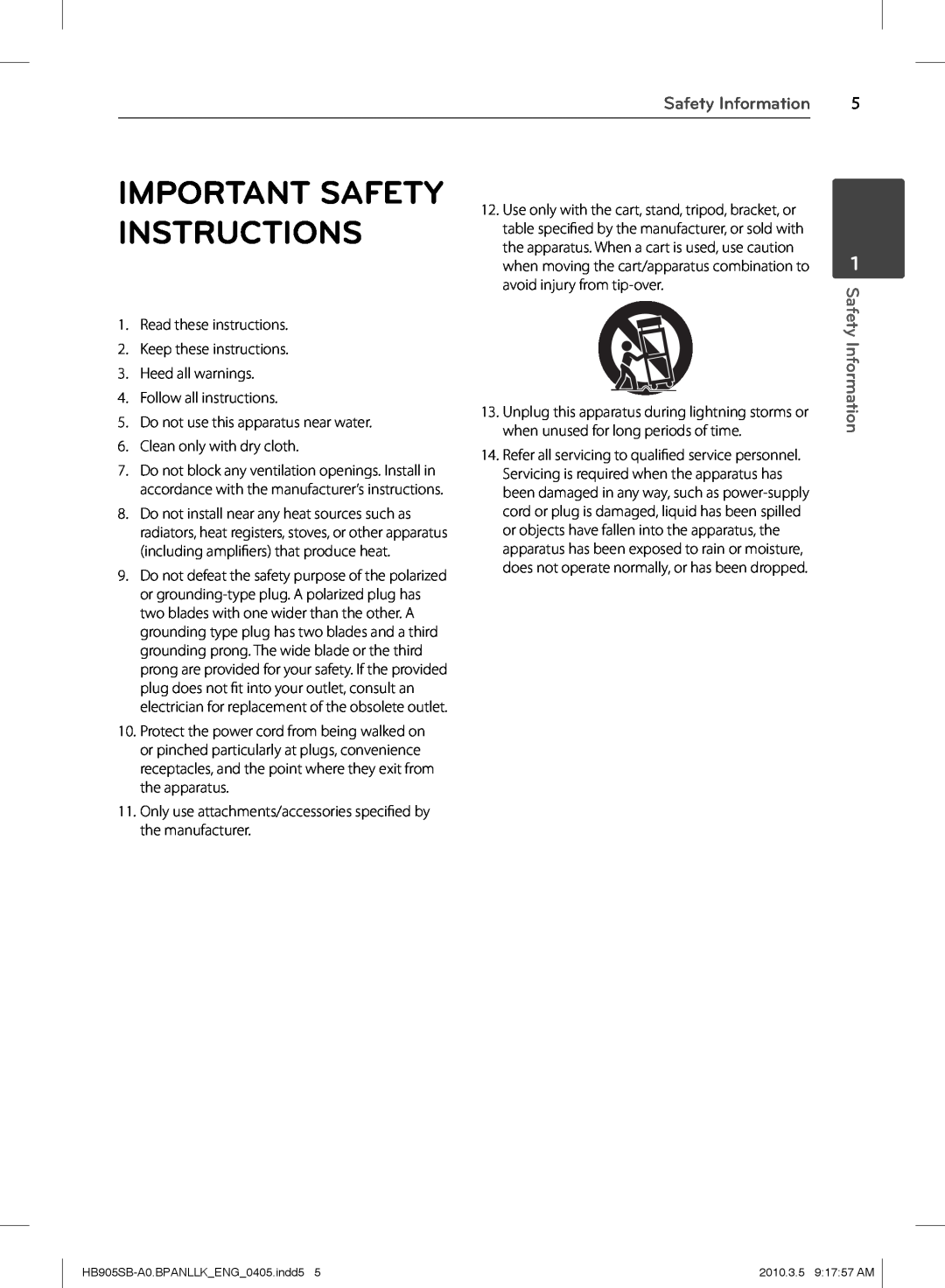 LG Electronics HB905SB Important Safety Instructions, Safety Information, Read these instructions, Follow all instructions 