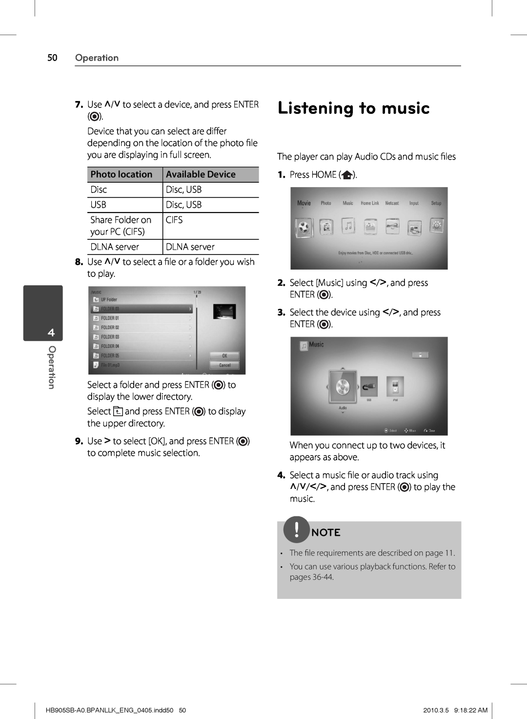 LG Electronics HB905SB owner manual Listening to music, Photo location, Available Device, Operation 