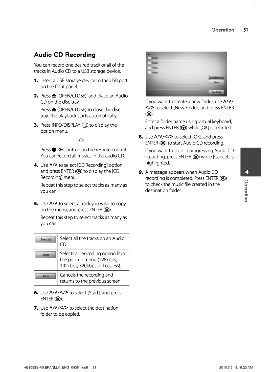 LG Electronics HB905SB owner manual Audio CD Recording, Operation 