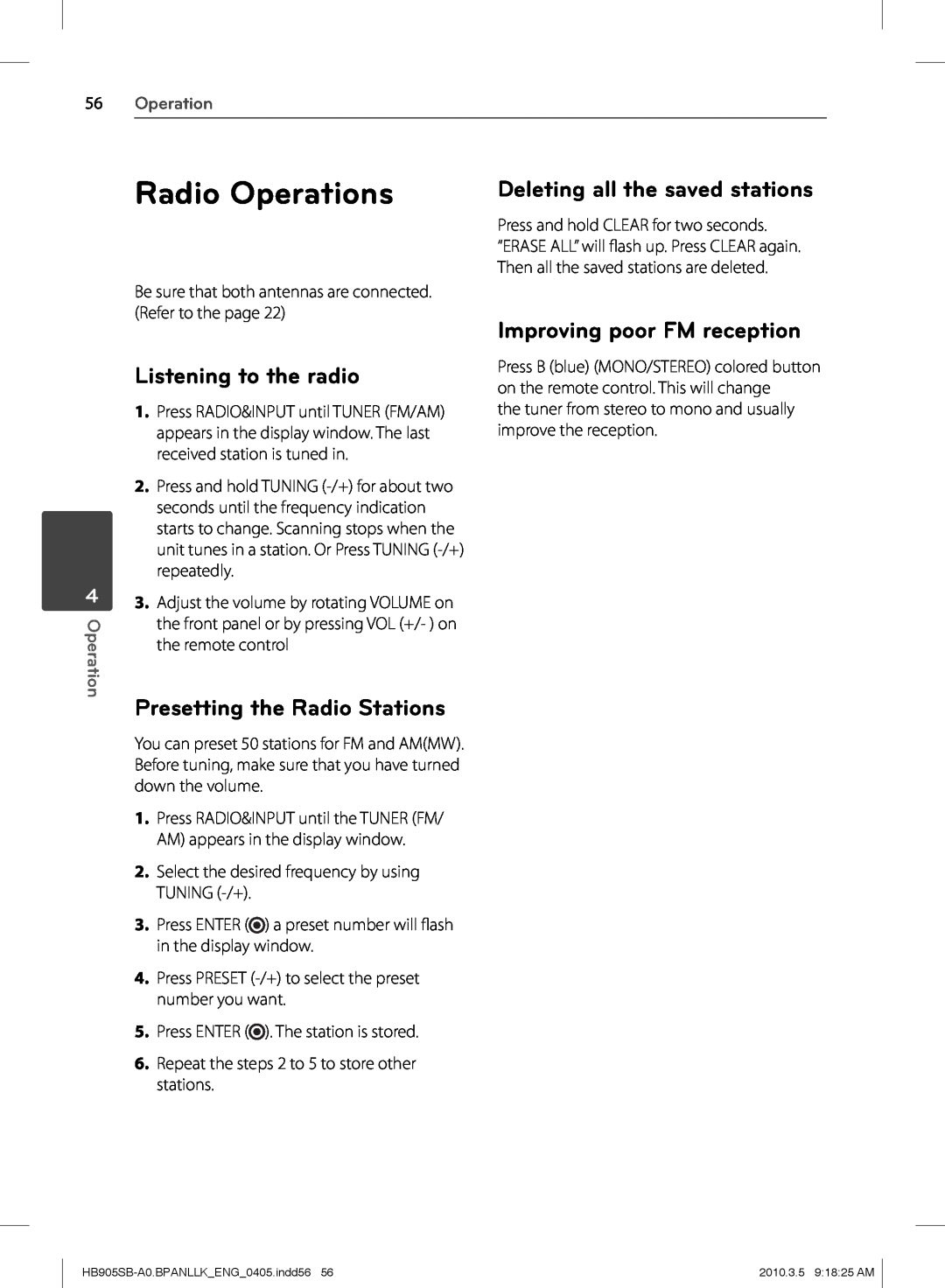 LG Electronics HB905SB owner manual Radio Operations, Listening to the radio, Presetting the Radio Stations 