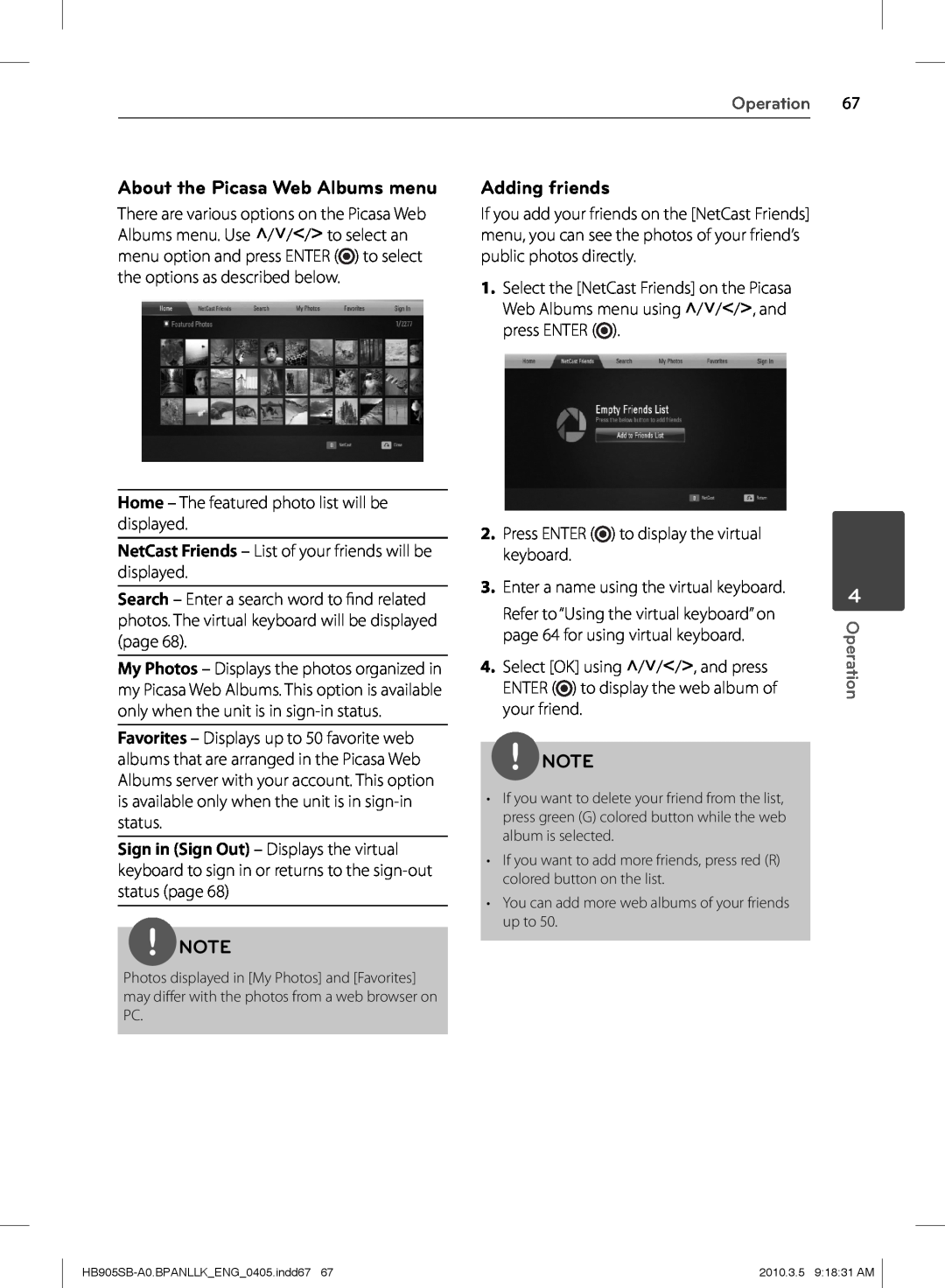 LG Electronics HB905SB owner manual About the Picasa Web Albums menu, Adding friends, Operation 