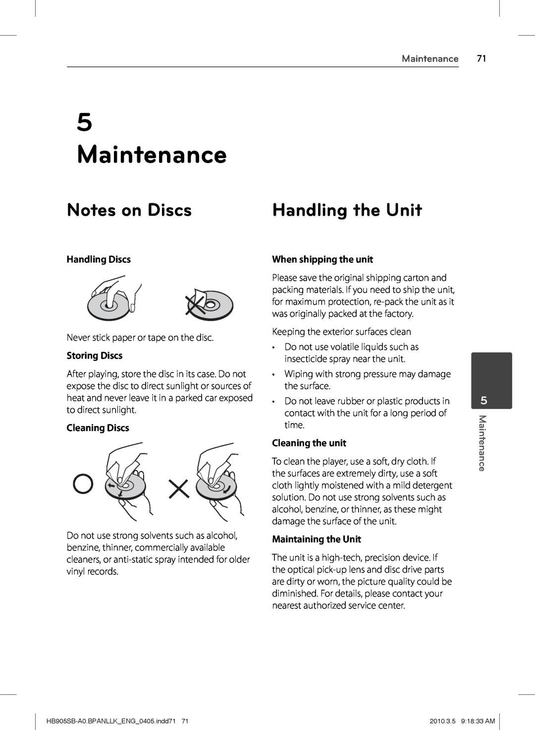 LG Electronics HB905SB owner manual Maintenance, Notes on Discs, Handling the Unit, Handling Discs, When shipping the unit 