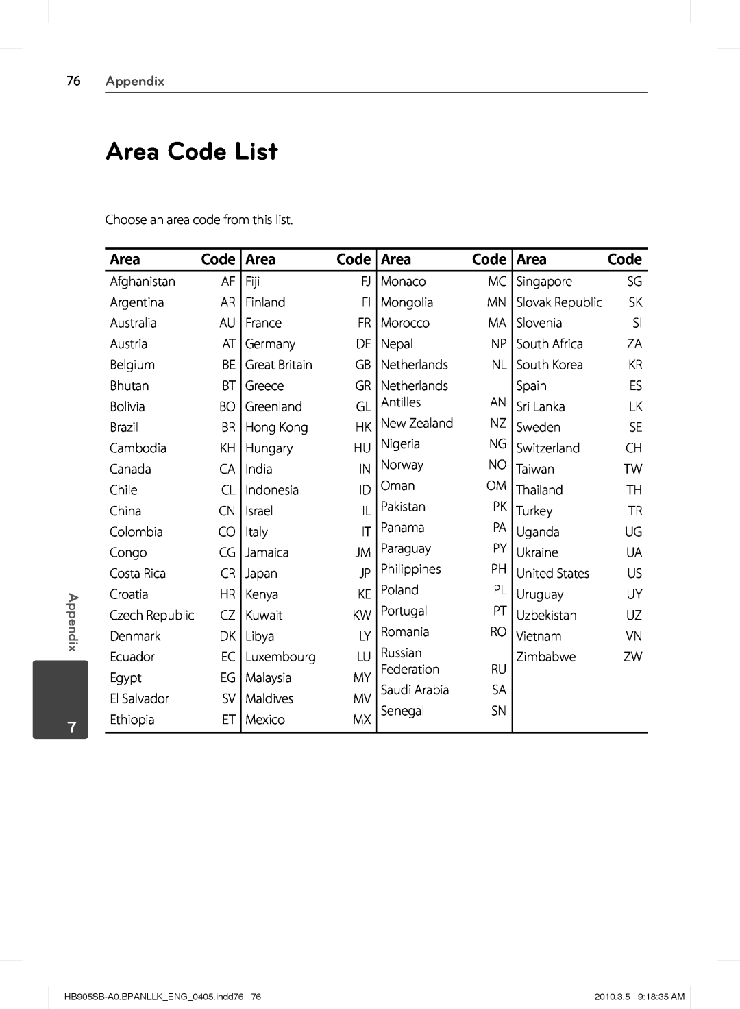 LG Electronics HB905SB owner manual Area Code List, 76Appendix 