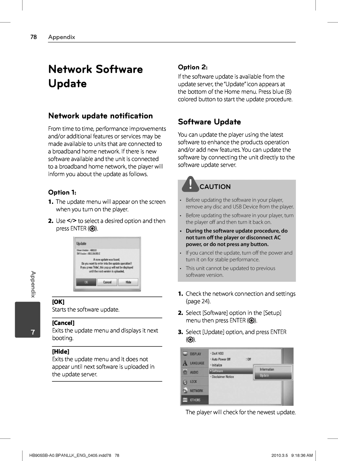 LG Electronics HB905SB owner manual Network Software Update, Network update notiﬁcation, Option, 78Appendix, Hide, Cancel 