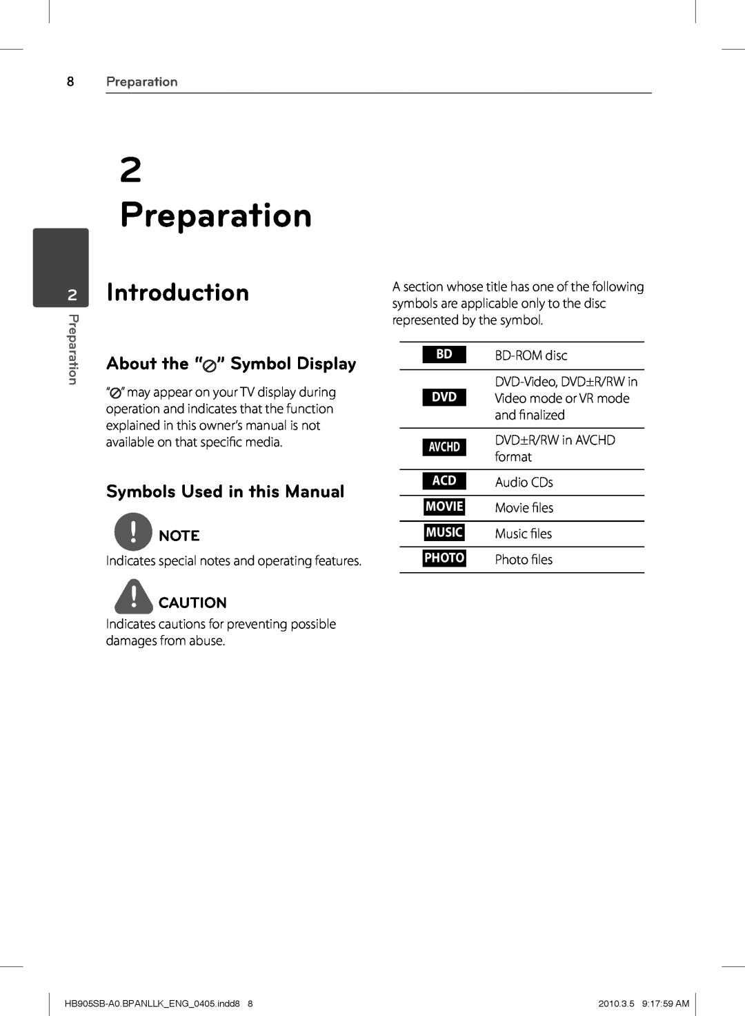 LG Electronics HB905SB 2Introduction, Symbols Used in this Manual, 8Preparation, About the “ ” Symbol Display 