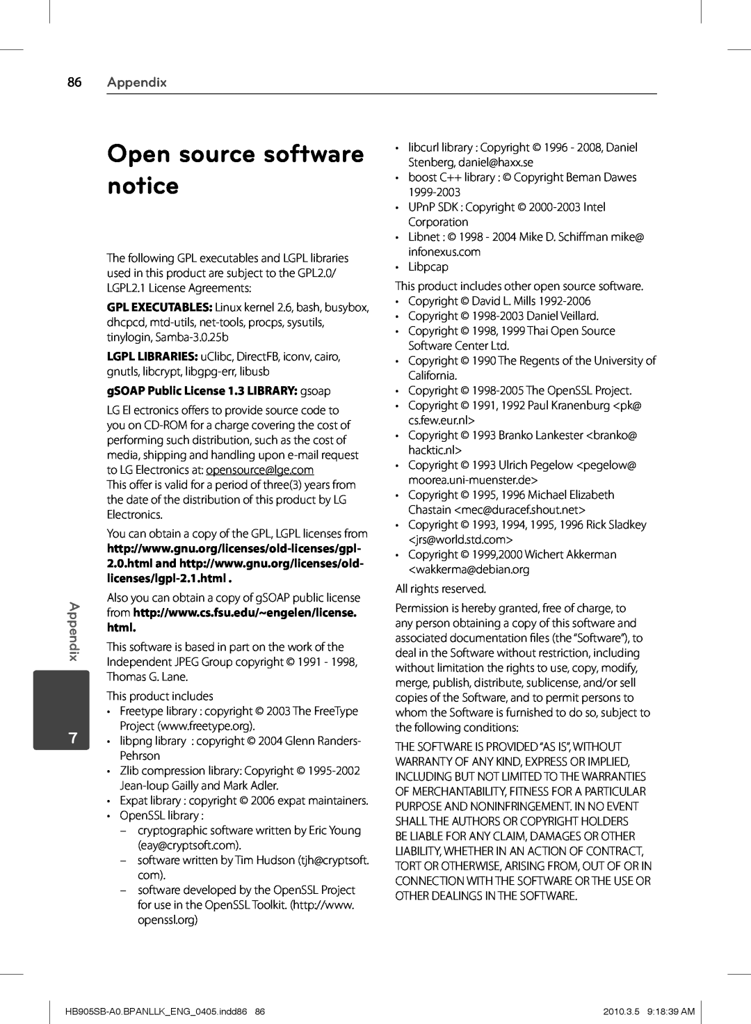 LG Electronics HB905SB owner manual Open source software notice, Appendix, gSOAP Public License 1.3 LIBRARY gsoap 