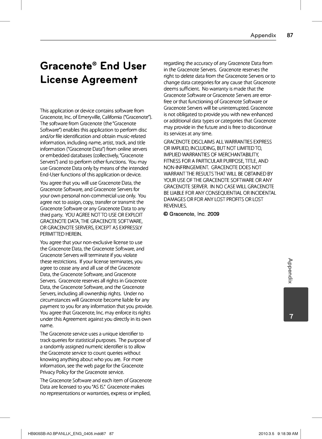 LG Electronics HB905SB owner manual Gracenote End User, License Agreement, Appendix 