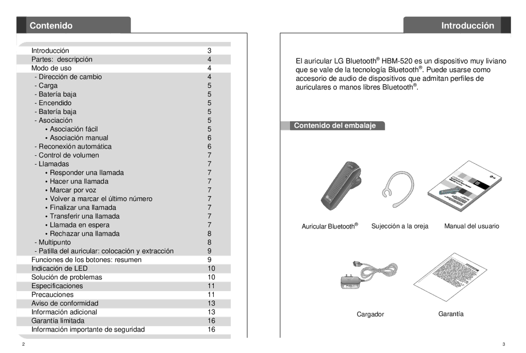 LG Electronics HBM-520 user manual Contenido, Introducción 