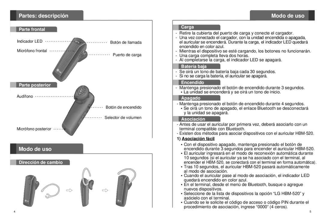 LG Electronics HBM-520 user manual Partes descripción, Modo de uso, Asociación fácil 