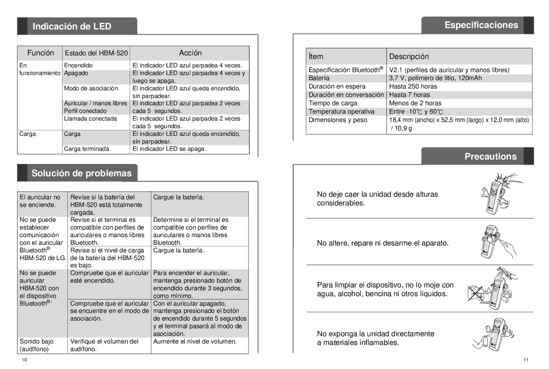 LG Electronics HBM-520 user manual Indicación de LED Especificaciones, Solución de problemas, Ítem, Descripción 