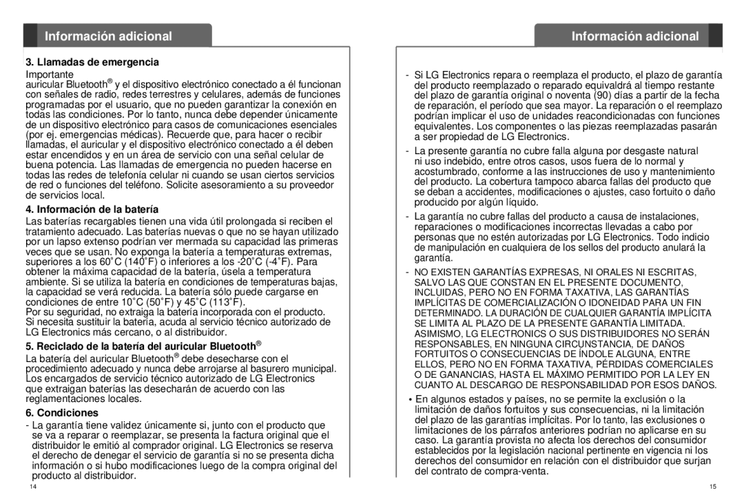 LG Electronics HBM-520 Llamadas de emergencia, Información de la batería, Reciclado de la batería del auricular Bluetooth 