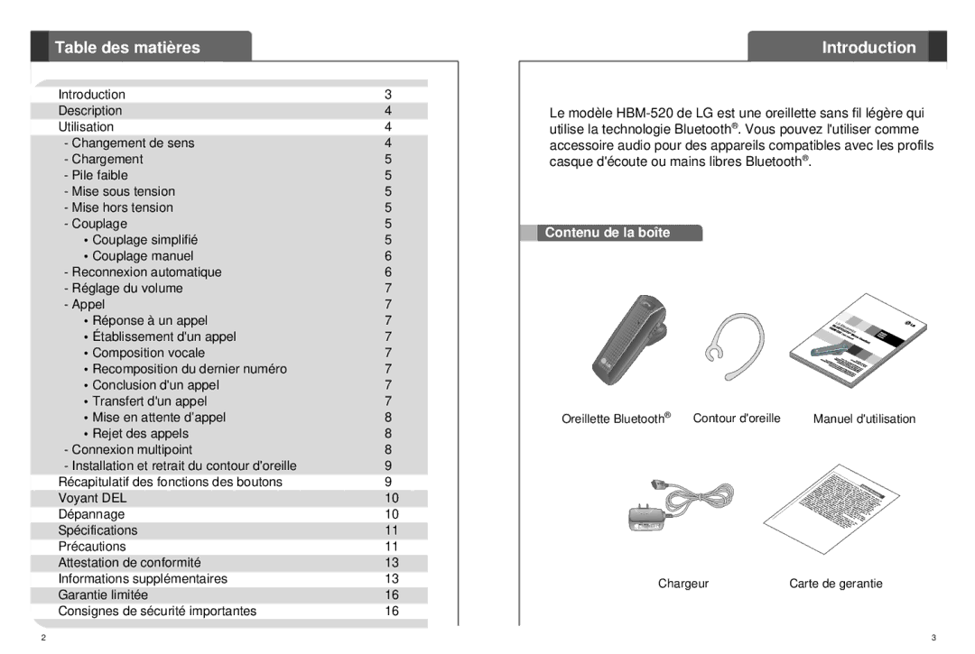 LG Electronics HBM-520 user manual Table des matières, Introduction 