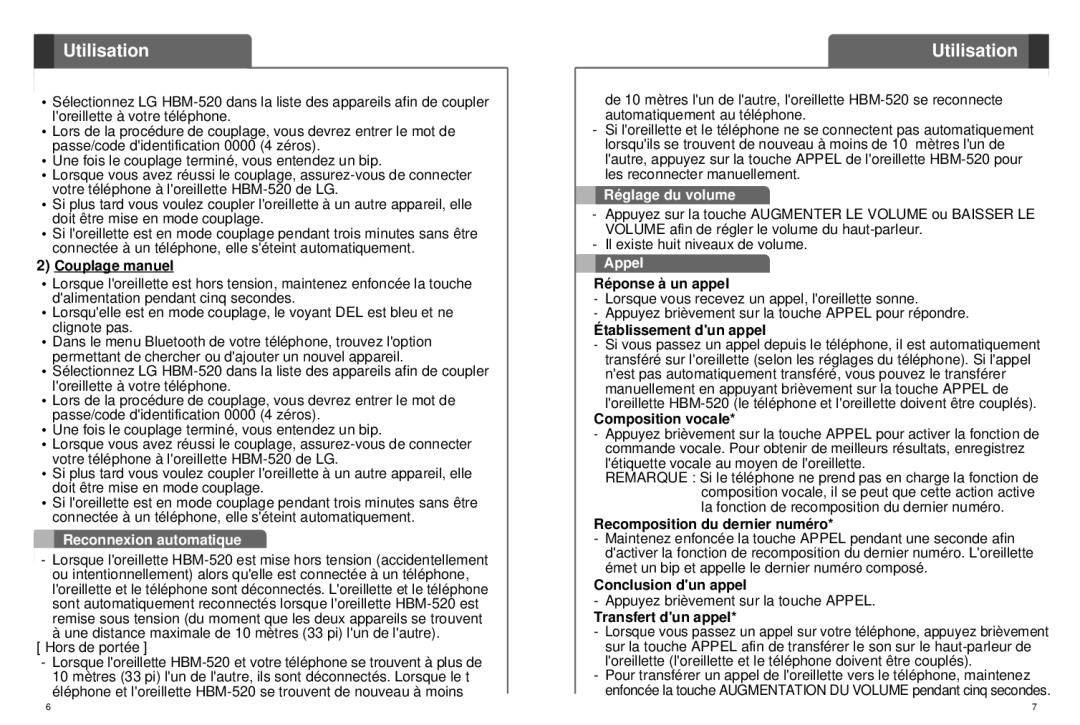 LG Electronics HBM-520 user manual Reconnexion automatique, Réglage du volume, Appel 