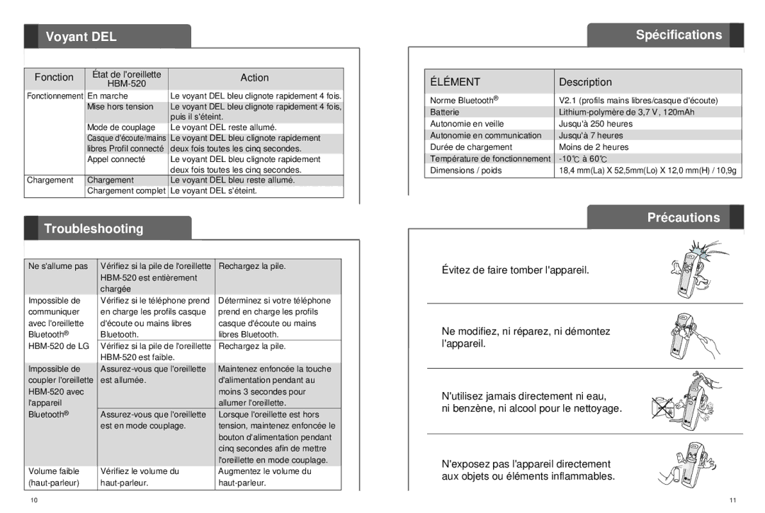 LG Electronics HBM-520 user manual Voyant DEL, Spécifications, Précautions 