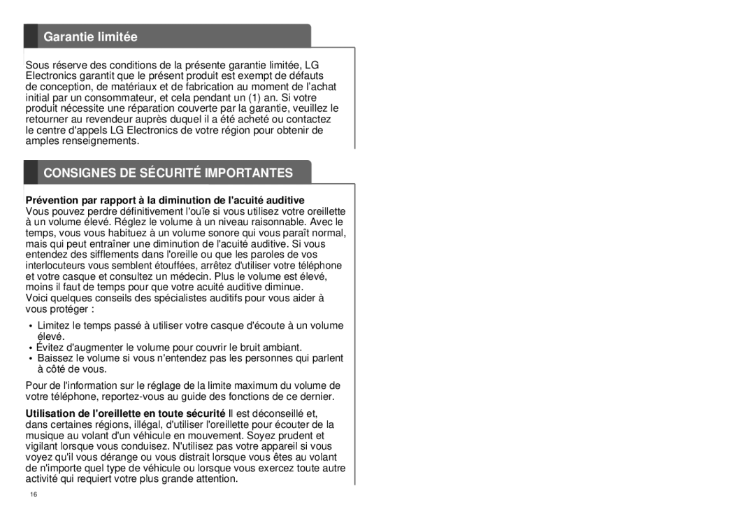 LG Electronics HBM-520 user manual Garantie limitée, Prévention par rapport à la diminution de lacuité auditive 