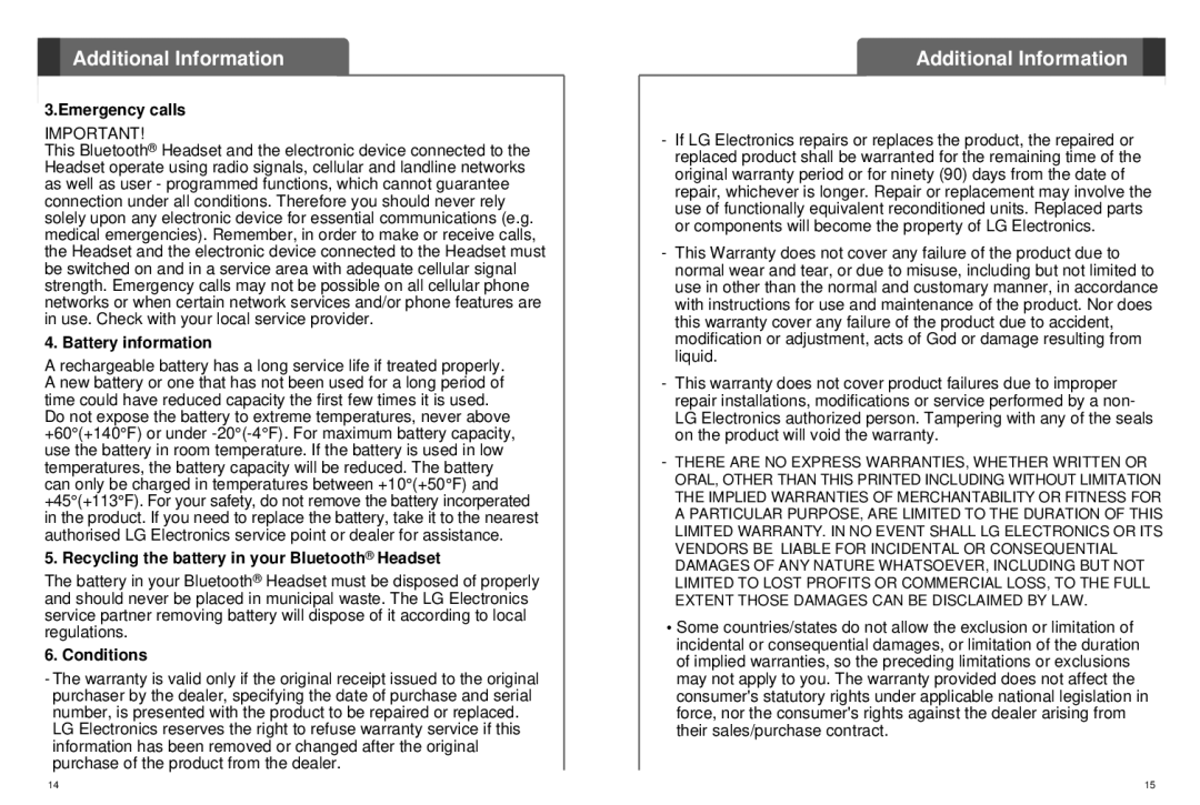 LG Electronics HBM-520 Emergency calls, Battery information, Recycling the battery in your Bluetooth Headset, Conditions 