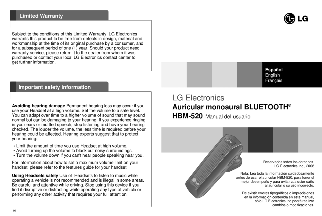 LG Electronics HBM-520 user manual Limited Warranty, Important safety information 