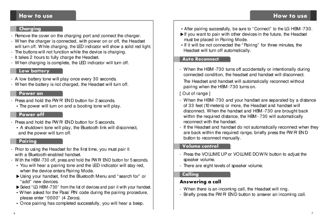 LG Electronics HBM-730 user manual Charging, Answering a call 