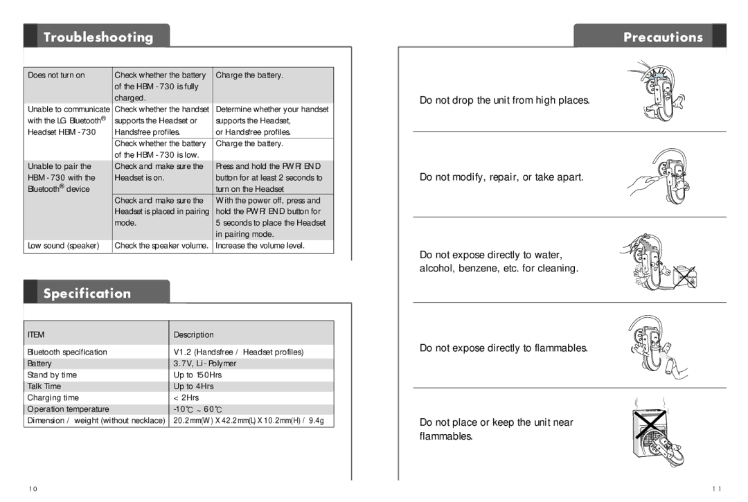 LG Electronics HBM-730 user manual Troubleshooting, Specification, Precautions 