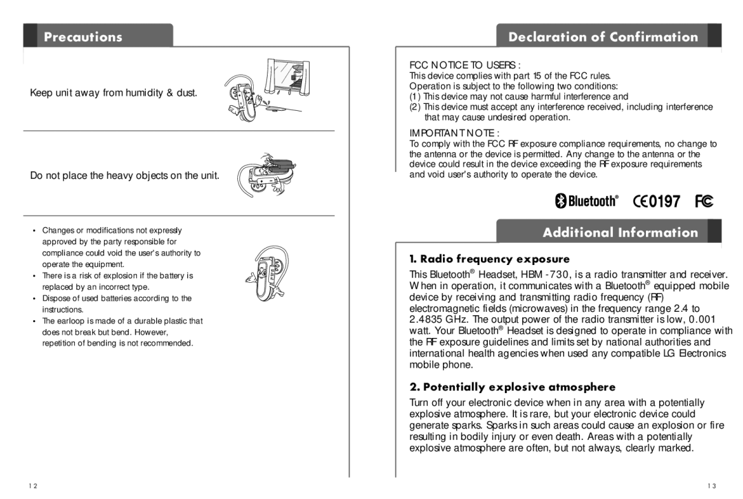 LG Electronics HBM-730 user manual Declaration of Confirmation, Additional Information, Keep unit away from humidity & dust 