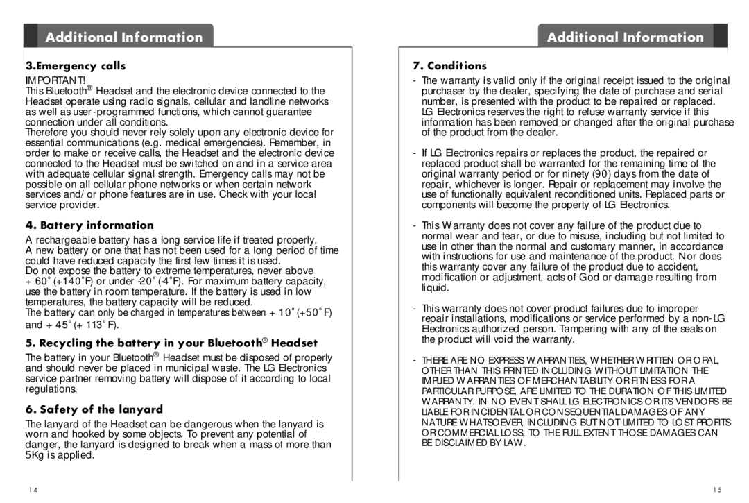 LG Electronics HBM-730 Emergency calls, Battery information, Recycling the battery in your Bluetooth Headset, Conditions 