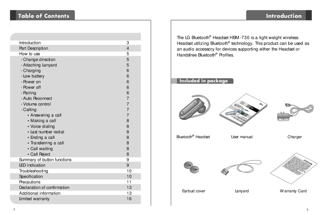 LG Electronics HBM-730 user manual Table of Contents, Introduction, Included in package 