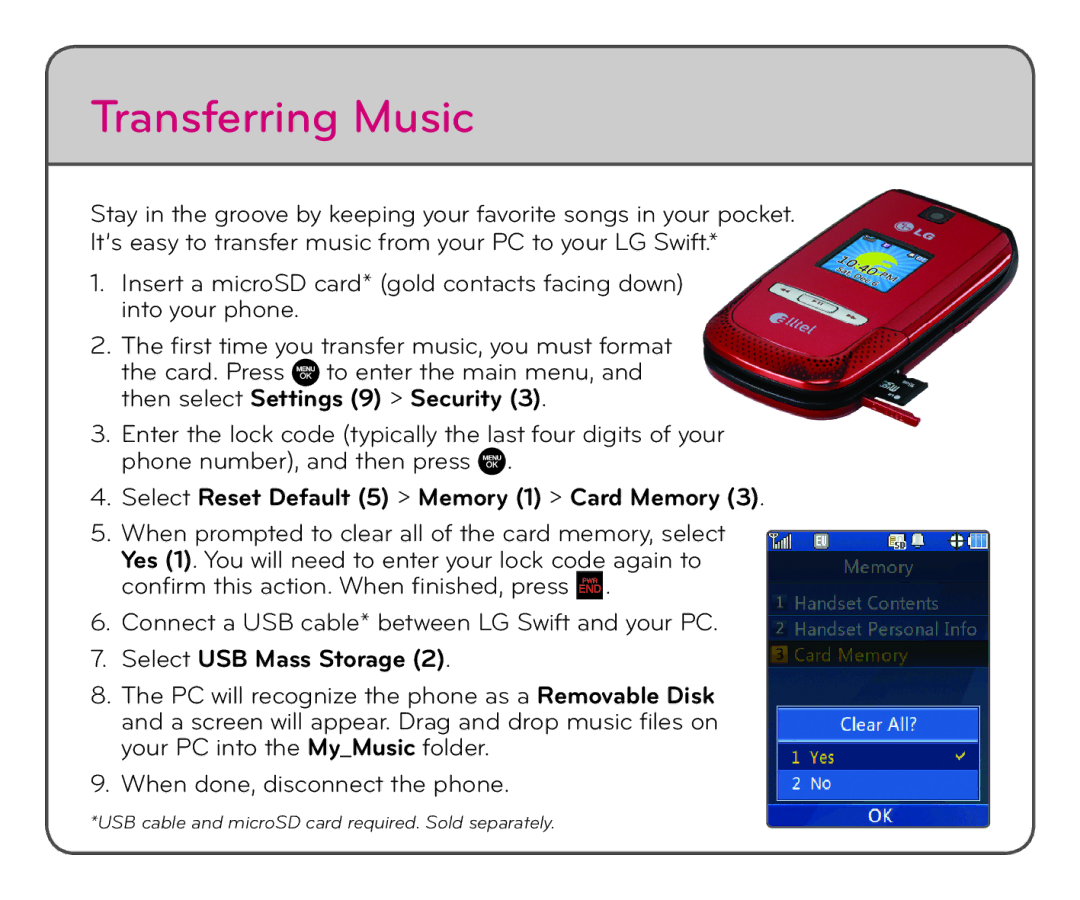 LG Electronics HBM-760 quick start Transferring Music, Select Reset Default 5 Memory 1 Card Memory 