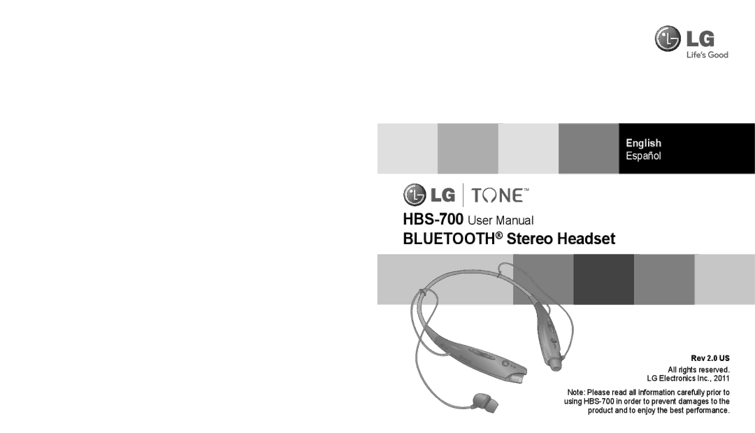 LG Electronics HBS-700 user manual Bluetooth Stereo Headset, English 