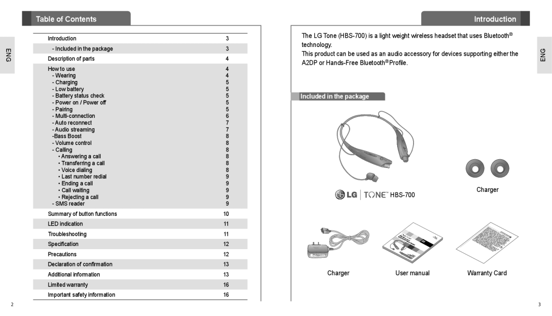 LG Electronics HBS-700 user manual Table of Contents, Introduction, Included in the package 