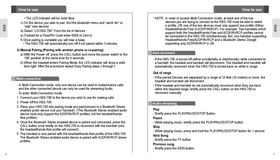 LG Electronics HBS-700 user manual Multi-connection, Auto reconnect, Audio streaming 