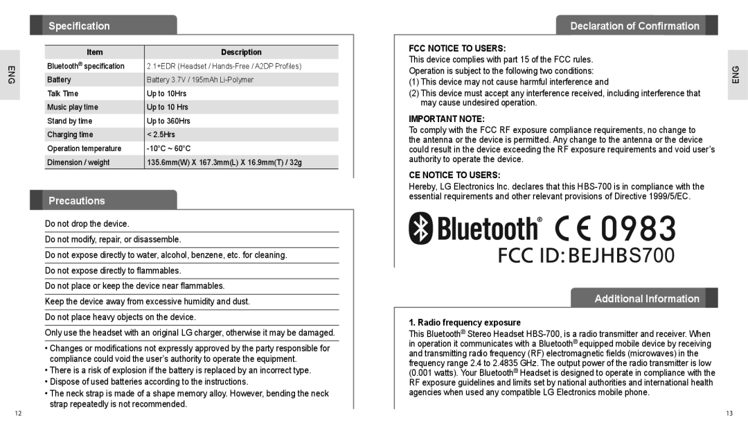 LG Electronics HBS-700 user manual Speciﬁcation Declaration of Conﬁrmation, Precautions, Additional Information 