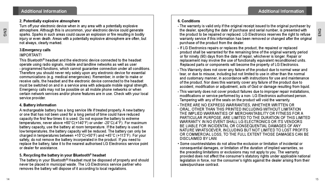 LG Electronics HBS-700 user manual Potentially explosive atmosphere, Emergency calls, Battery information, Conditions 