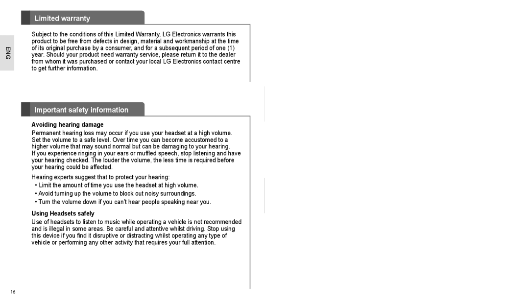 LG Electronics HBS-700 Limited warranty, Important safety information, Avoiding hearing damage, Using Headsets safely 